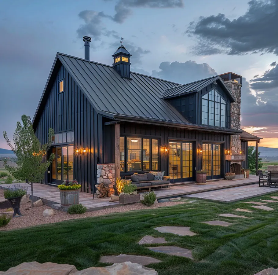 Board-and-batten home at sunset